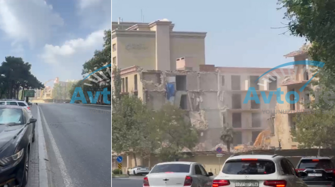 Bakının mərkəzindəki “Naxçıvan” hoteli söküldü; ətrafı toz bürüyüb - VİDEO