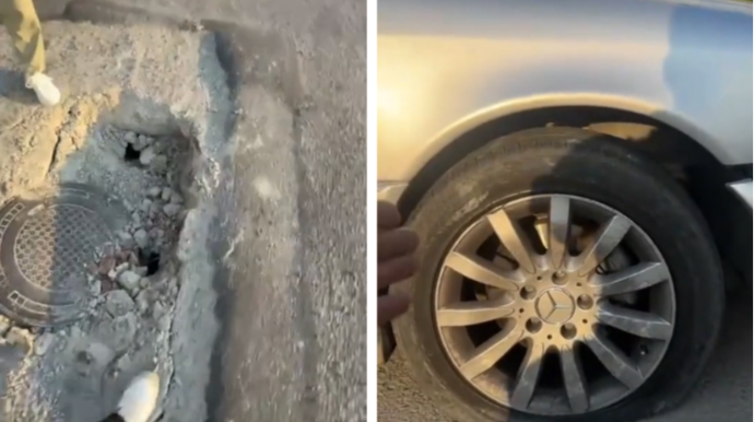 Bakıda yol çökdü: Avtomobilin təkəri partladı - VİDEO 