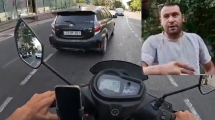 Öz zolağı ilə gedə bilməyən sürücü motosikleti sıxışdırdı, amma boynuna almadı - VİDEO