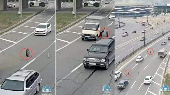 Bakıda yük avtomobilinin təkərləri yerindən çıxdı; Təhlükəli anlar - VİDEO 