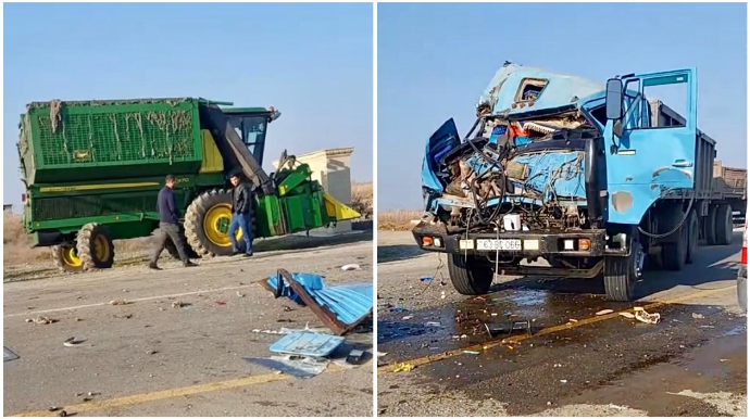 Ağcabədidə əks yola çıxan kombayn “KamAZ”a çırpıldı  - VİDEO