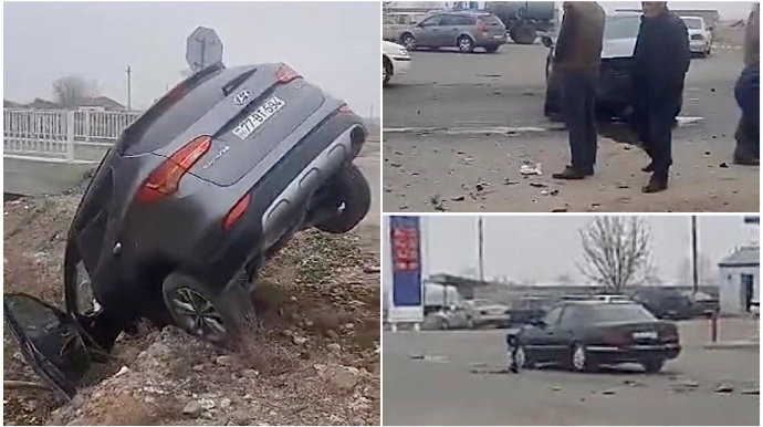 Zəncirvari qəza: Üç maşın toqquşdu, biri torpaqlığa girdi - VİDEO