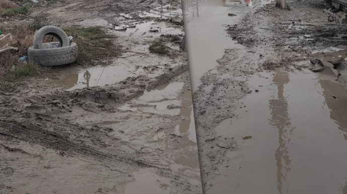 Abşeronda avtobus dayanacağı palçıq içində qaldı - FOTO
