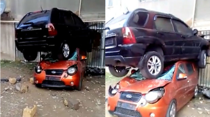 Azərbaycanda qeyri-adi qəza:  Maşınlar bir-birinin üzərinə çıxdı - VİDEO 