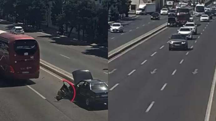 "BakuBus" avtobusu yolda qalan nasaz maşını vurdu; sürücü yerə çırpıldı - ANBAAN VİDEO 