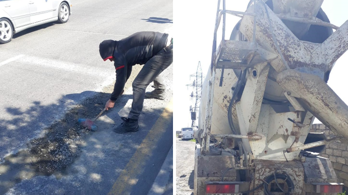 Bakıda betonqarışdıran maşın yola beton dağıtdı, sürücü özü təmizlədi  - FOTO