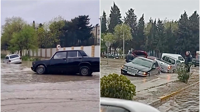 Sumqayıtda qazılmış yol çökdü, maşınlar içinə düşdü - Təmir gedir. amma nişan..   - VİDEO