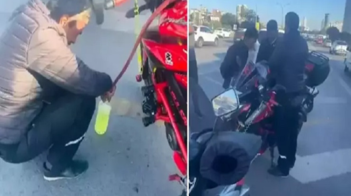 Motosikletçidən qeyri-adi dələduzluq: Pulsuz benzin yığdı - VİDEO