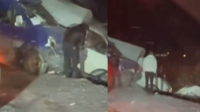 На дороге Баку - Губа пассажирский автобус столкнулся с двумя грузовиками  - ВИДЕО