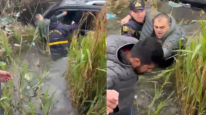 Polis suda batan "Lexus"  sürücüsünü belə xilas etdi - VİDEO   