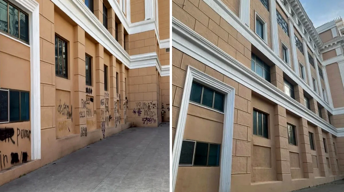 Nizami Kino Mərkəzinin yazılarla korlanmış fasadının ilkin görünüşü bərpa olunub - FOTO 