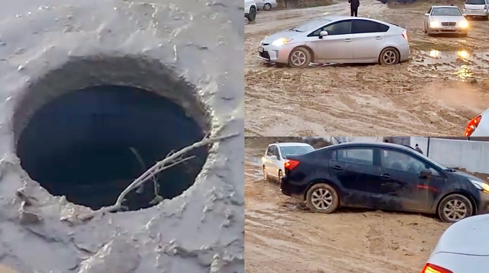 Masazırda məktəbin qarşısı kabusa çevrilib: Avtomobillər palçığa ilişir, şagirdlər lyuka düşür - VİDEO