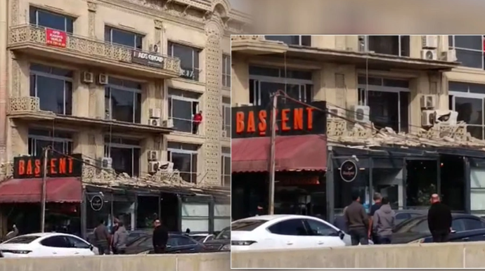 Bakıda binanın eyvanı uçaraq restoranın üstünə töküldü - VİDEO
