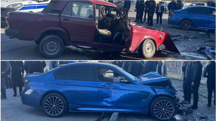 “VAZ”la toqquşan “BMW” səkidə çıxdı, 3 nəfər xəsarət aldı   - FOTO