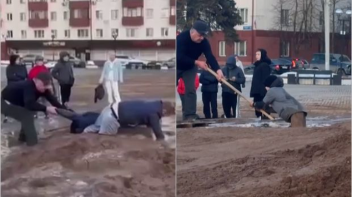 Moskvada küçənin ortasında bataqlığa düşən uşaqların xilas edildiyi anlar - VİDEO