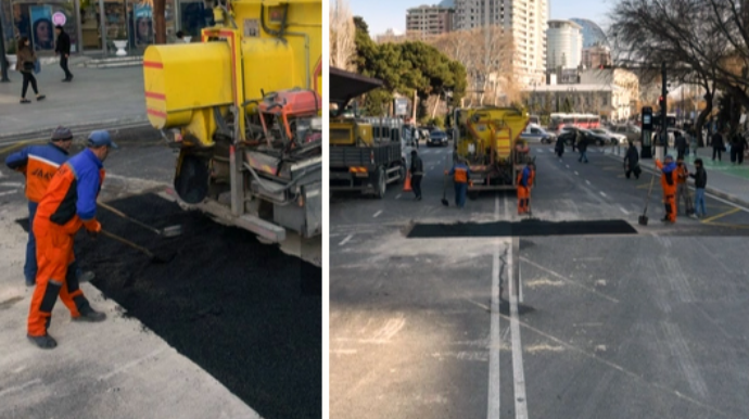Bakının mərkəzində çökən yol bərpa edildi - VİDEO 