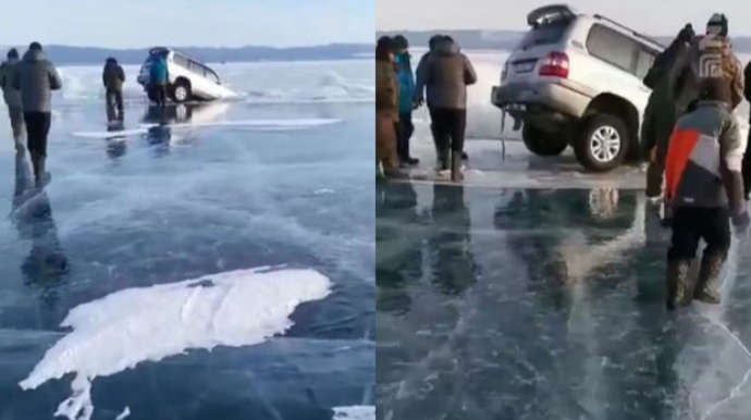 Buz üstündə sürüşən maşın Baykalda batdı - VİDEO 