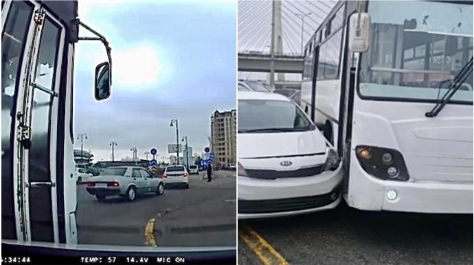 В Баку водитель KIA врезался в автобус - ВИДЕО 