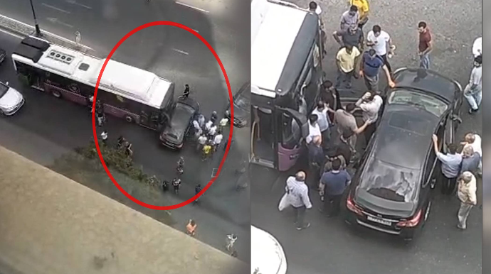 Bakıda 18 nömrəli avtobus avtomobillə toqquşdu - VİDEO