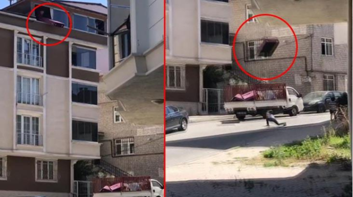 Aldığı divanı 5-ci mərtəbədən yola atdı - VİDEO 