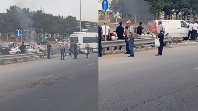 Bakı-Sumqayıt yolunda ağır yol qəzası - "Mercedes" yandı - VİDEO 