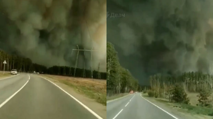Rusiyada meşələr yanır: Magistral yolda hərəkət dayandırıldı - VİDEO 