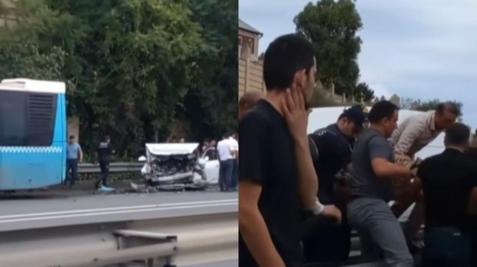 Heydər Əliyev prospektində ağır qəza: minik avtomobili avtobusa çırpıldı   - VİDEO