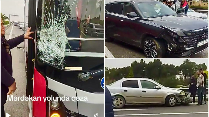 Mərdəkan yolunda qəza: “BakuBus” avtobusu və iki avtomobil toqquşdu - VİDEO