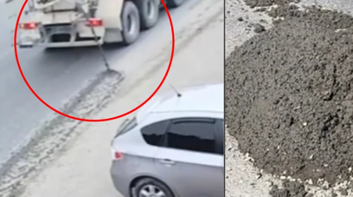 Sürücüdən MƏSULİYYƏTSİZ ADDIM:  Yola beton tökdü - ANBAAN VİDEO 