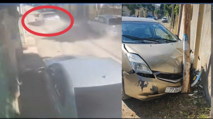 Məhlədə tozanaq qoparan taksi sürücüsü stolbaya çırpıldı - VİDEO