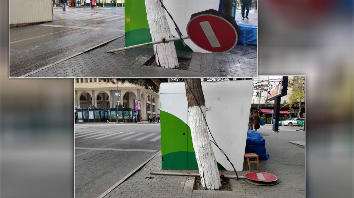 Bakıda yol nişanı aşıb - Uzun müddətdir təmir olunmur - FOTO 