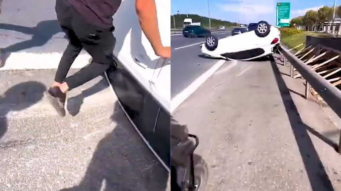 Qəzaya düşən maşının şüşəsini qırıb kömək etdi, qınadılar - VİDEO