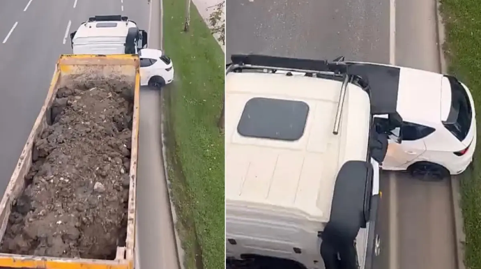 Yük maşını qəzaya səbəb olan avtomobili 100 metr sürüdü – ANBAAN VİDEO 