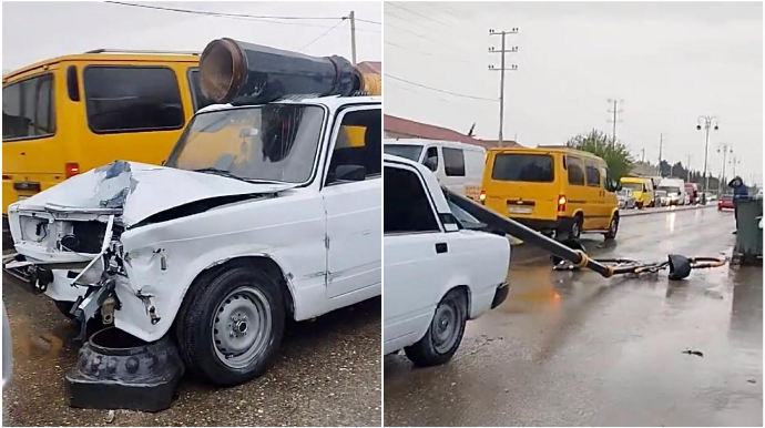 Binədə qəza: Qopan işıq dirəyi “VAZ”ın üstünə düşdü    - VİDEO