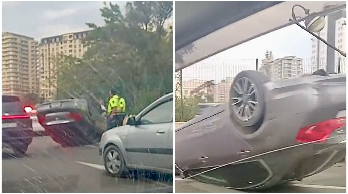 Bakıda “İnfiniti” işıq dirəyinə çırpılıb yolun ortasında aşdı   - VİDEO