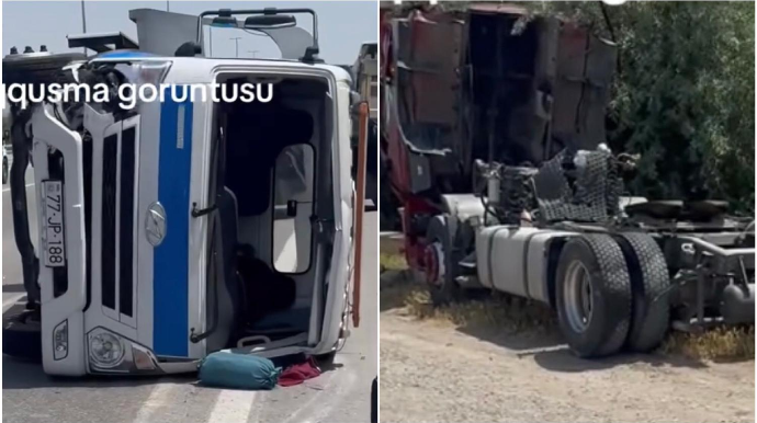 Qaradağda yük maşınının təkəri anidən çıxaraq “DAF”ın damına düşdü - VİDEO