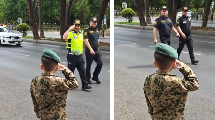 Balacanın hərbi salamına polislər belə reaksiya verdi - VİDEO 