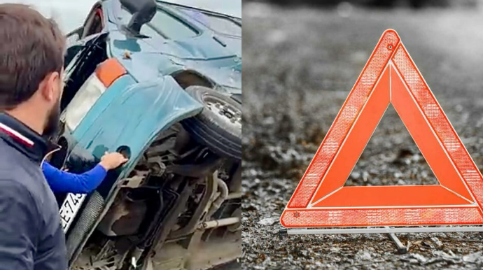 Şəmkirdə qəza: “Mercedes”lə toqquşan yük maşını aşdı   - VİDEO