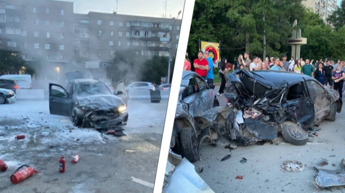 “BMW” avtomobillərə çırpılaraq yandı:  2 nəfər yaralandı, 7 maşına zərər dəydi – ANBAAN VİDEO 