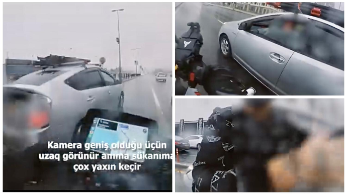 "Prius" motosikleti sıxışdırdı - "Çək qırağa, məni öldürmək istəyirsən" - VİDEO 