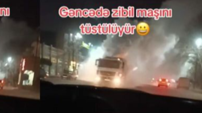 Gəncədə təhlükəli anlar:  Tüstüləyən zibil maşını yolu görünməz etdi - VİDEO 