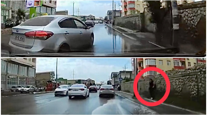 Masazırda qayda pozan taksi sürücüsü üstəlik piyadanı islatdı   - VİDEO