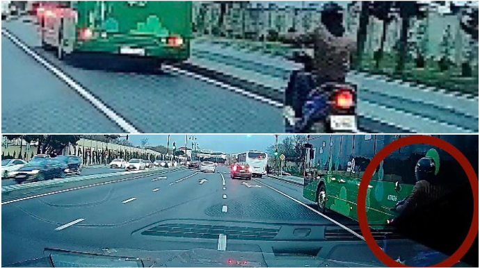 Avtobus zolağında qol qaldırıb oynayan moto sürücü təkərin altında..   - VİDEO