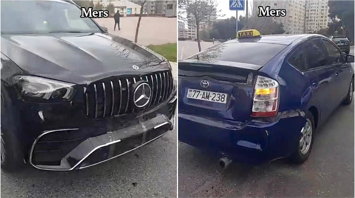 Başı telefona qarışan  sürücü bahalı “Mercedes”i “Prius”a çırpdı  - VİDEO