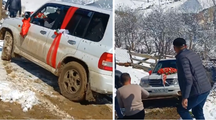 Yolda qalan gəlin maşınına kənd camaatı belə KÖMƏK ETDİ - VİDEO