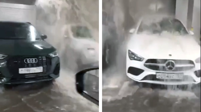 Yağış suları parkinqdə lüks avtomobilləri məhv etdi - VİDEO