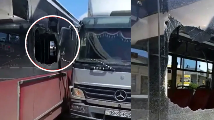 Binəqədidə avtobusla yük maşını toqquşub - VİDEO 