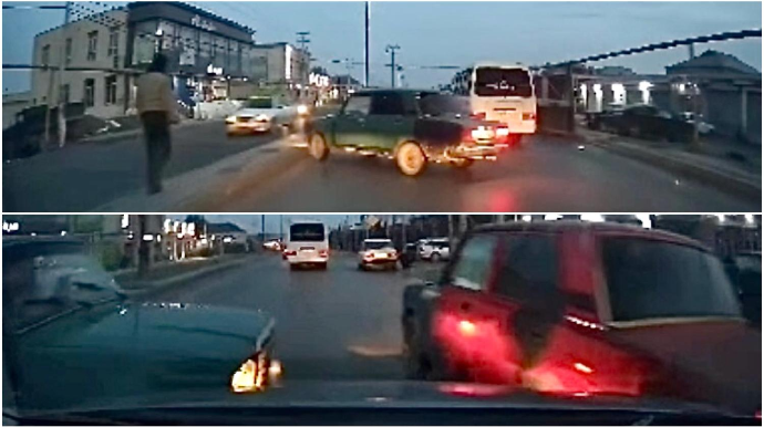 Buzlu yolda sürüşən  “VAZ” öncə maneəyə, sonra maşına çırpıldı  - REAL VİDEO