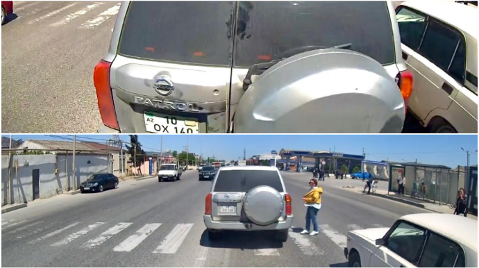 Keçidin yaxınlığında qayda pozub qəza törətdilər; piyada qəzadan son anda xilas oldu - VİDEO