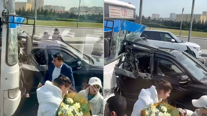 "Koroğlu"da qəza:  136 nömrəli avtobus “Hyundai”a girdi  - VİDEO